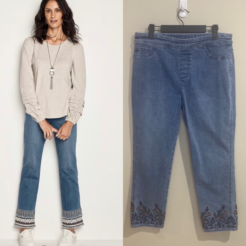Chico’s Pull On Jean w Aztec Embroidery- Perfect Stretch  Girlfriend Slim Ankle